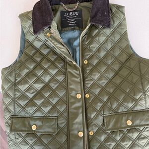 J. Crew Olive Green Quilted Vest with Dark Collar